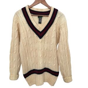 Vintage Abercrombie & Fitch Cream Wool Cable Knit Cricket Sweater Preppy Medium